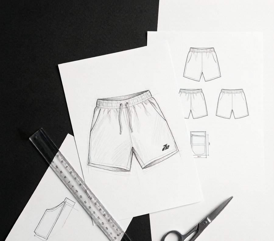 Fashion design sketches and tech pack for athletic shorts on a desk
