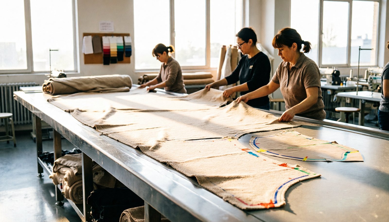 Modern garment factory cutting room with cotton jersey fabric spread on cutting table