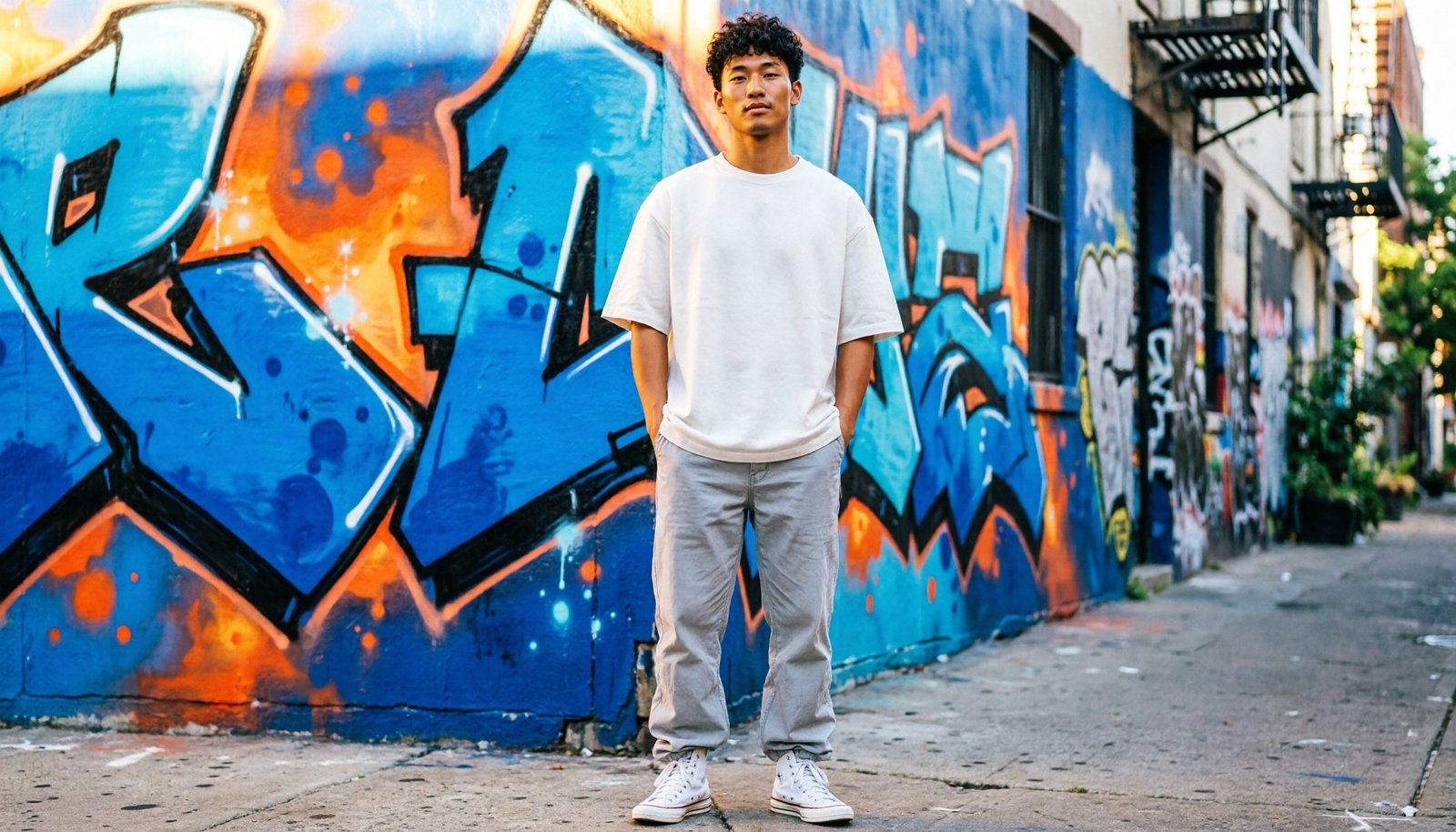 Model wearing a boxy oversized white t-shirt against a colorful graffiti wall