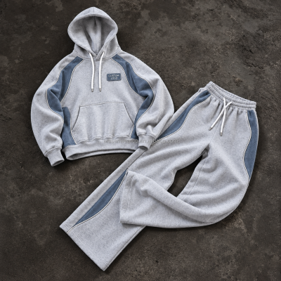 Custom Men's Two Piece Tracksuit Set | Grey Hooded Sweatshirt and Joggers | Navy Contrast Panels | OEM, ODM