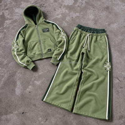 Olive Green Zip-Up Tracksuit Set | Hooded Sweatshirt and Jogger Pants | White Contrast Piping | Star Patch Details | Custom Logo Patch