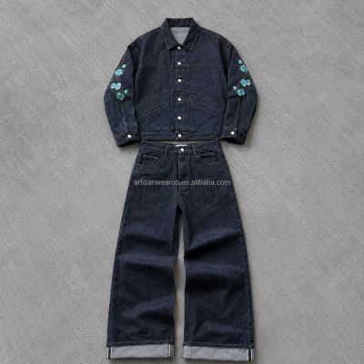 Dark Indigo Denim Jacket and Wide-Leg Jeans Set | Turquoise Floral Sleeve Embroidery | Button-Front Jacket