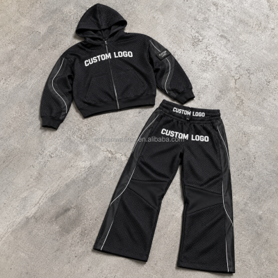Black Zip-Up Hoodie and Jogger Set | Textured Panels | White Contrast Piping | Custom Logo Details
