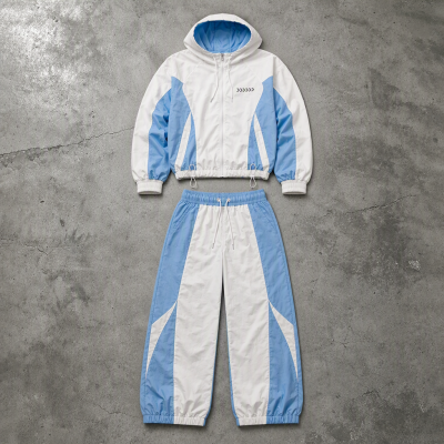 White and Blue Color-Block Hoodie and Jogger Set | Zip-Up Hood | Drawstring Pants | Elastic Cuffs