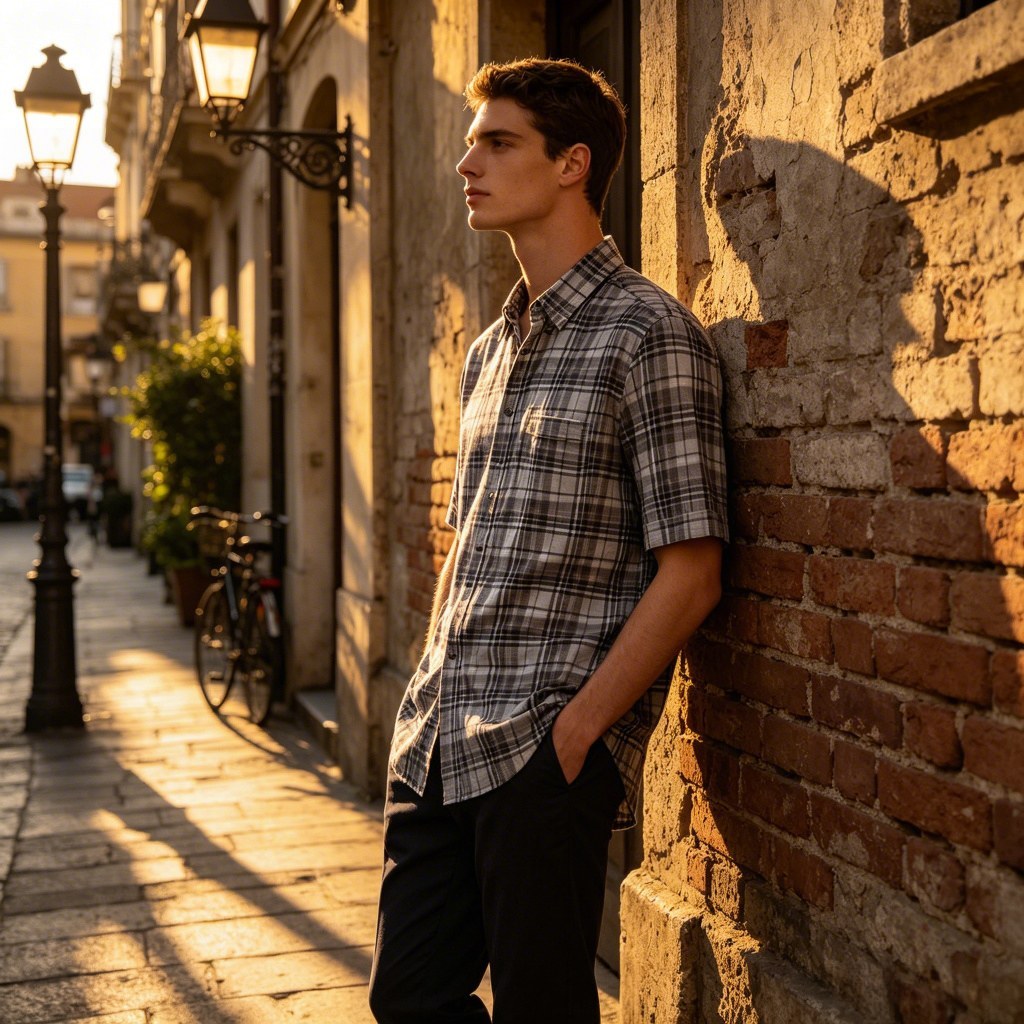 Man wearing plaid shirt in outdoor scene