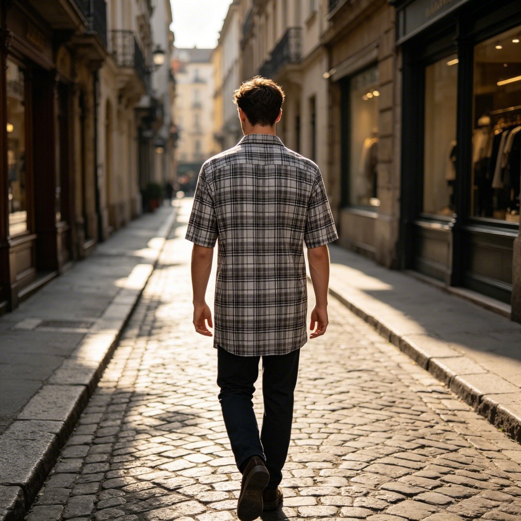 Close up of check shirt fabric and stitching