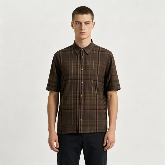 Custom Brown Windowpane Check Shirt - Lightweight Breathable Short-Sleeve Button-Down Commuter Shirt