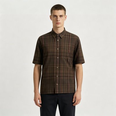 Custom Brown Windowpane Check Shirt - Lightweight Breathable Short-Sleeve Button-Down Commuter Shirt