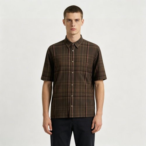 Custom Brown Windowpane Check Shirt - Lightweight Breathable Short-Sleeve Button-Down Commuter Shirt
