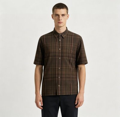 Custom Brown Windowpane Check Shirt - Lightweight Breathable Short-Sleeve Button-Down Commuter Shirt