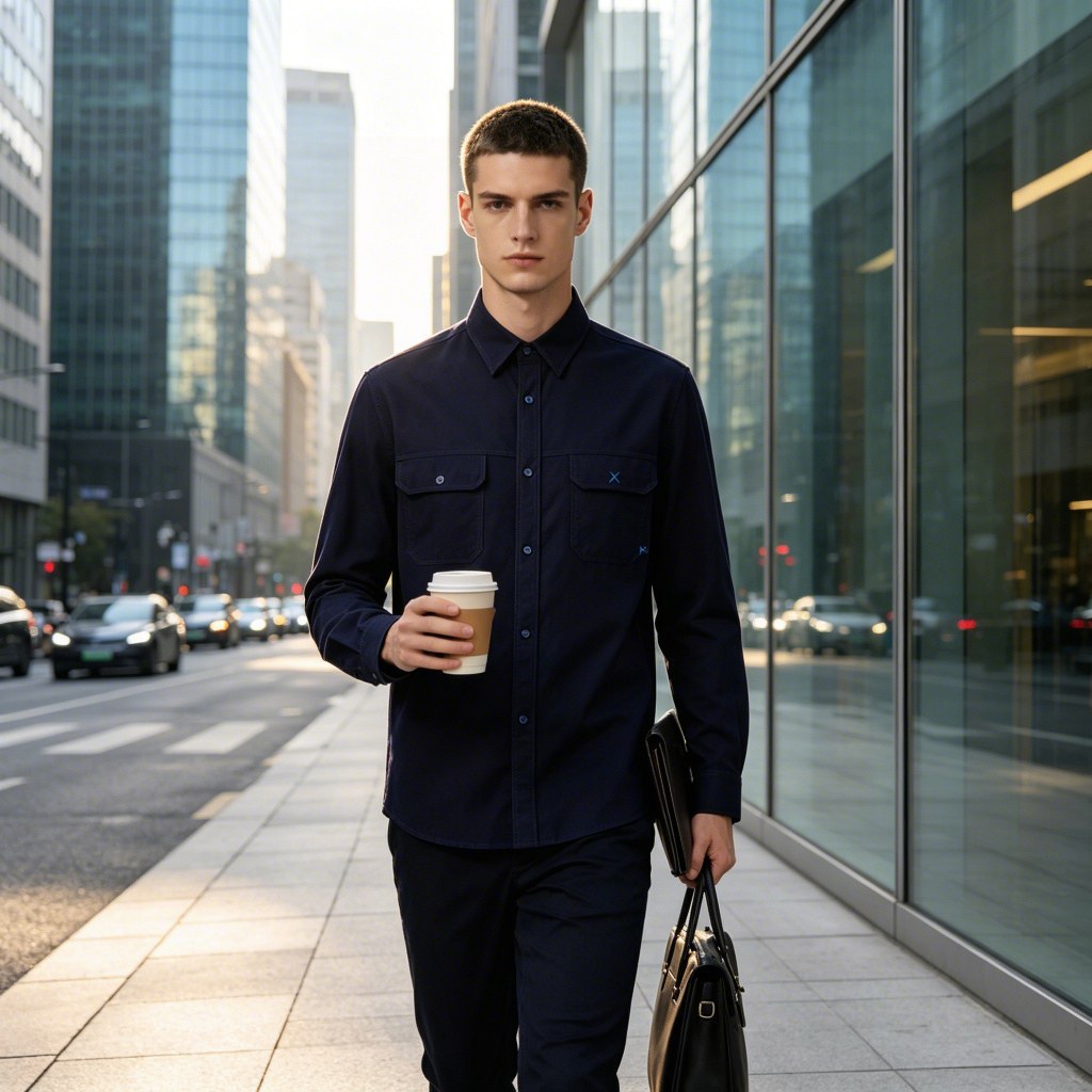 Man wearing plaid shirt in outdoor scene