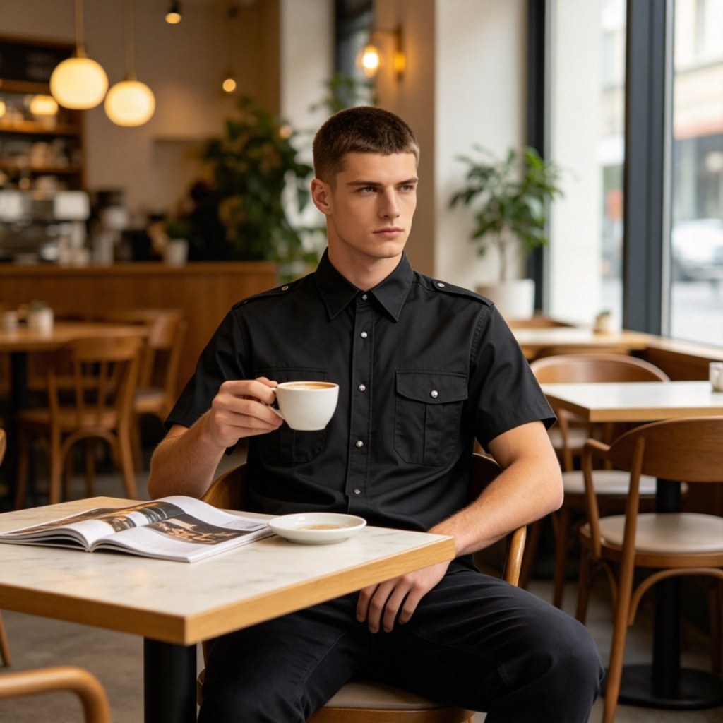 Man wearing plaid shirt in outdoor scene
