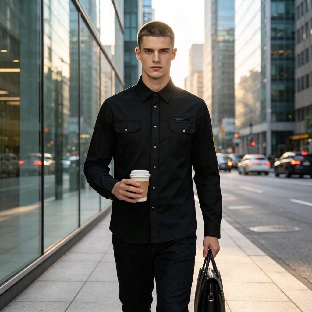 Man wearing black work shirt in outdoor scene