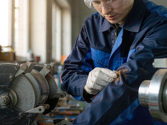Dust-proof protective maintenance workwear worn with gloves and safety glasses beside machinery