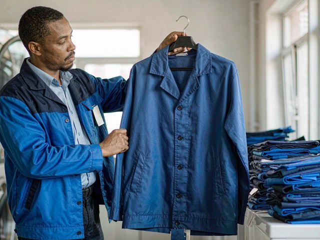Colour-fast durable workwear holding its shape after industrial washing