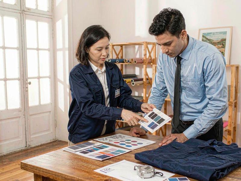Fabric swatches and workwear sample review before bulk production at UniOuter