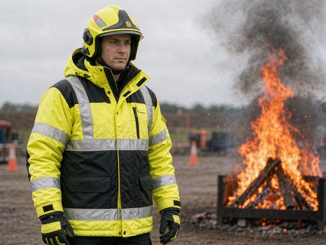 Flame retardant protective safety jacket at a fire drill