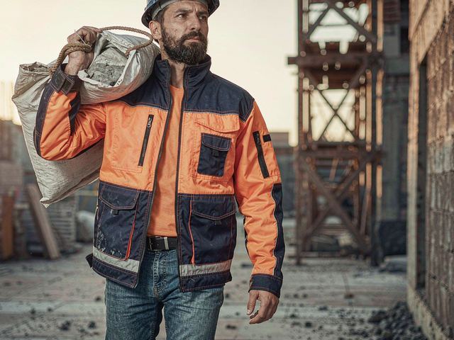 Site labourer carrying materials in durable construction workwear