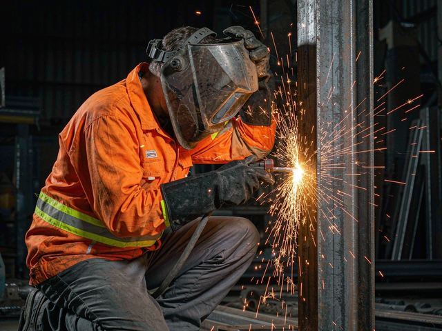 Welder in flame retardant hi-vis jacket and boilersuit