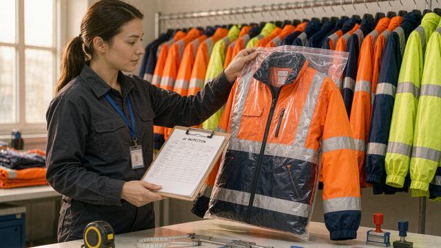 QC inspector checking a sealed sample construction work jacket against the inspection checklist