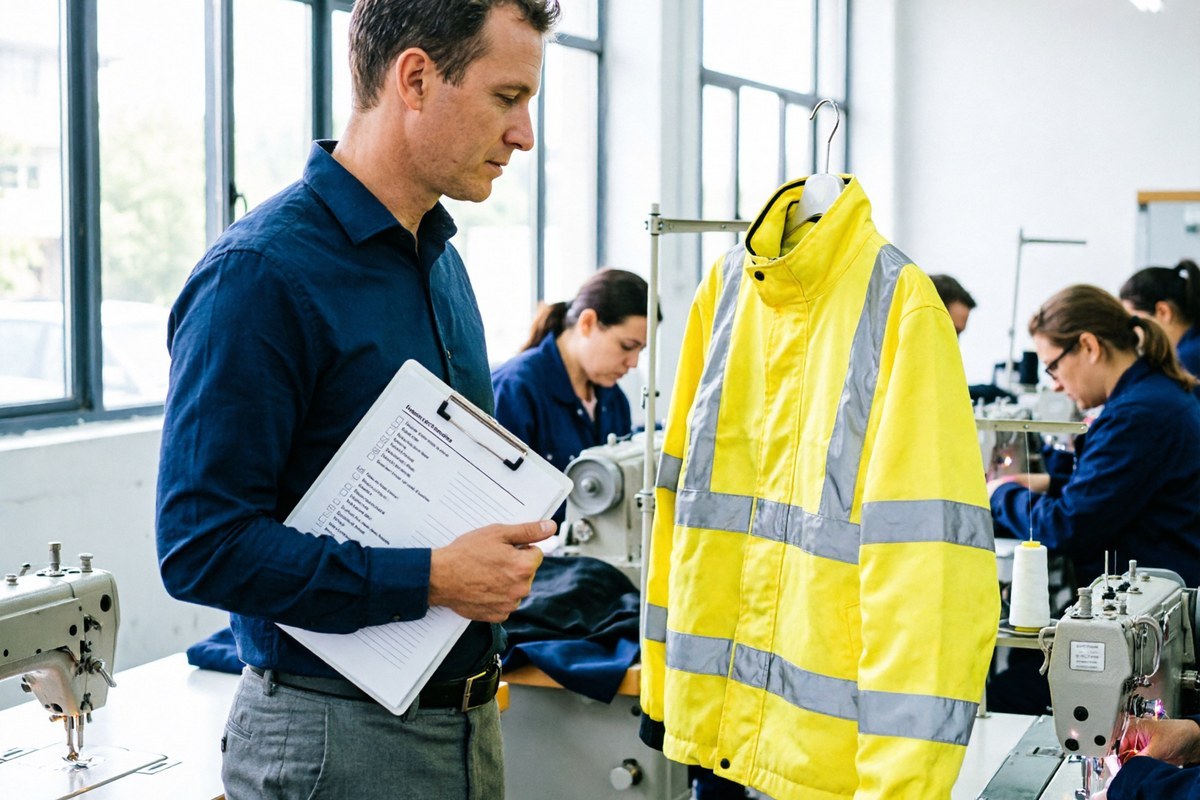 Buyer with an audit checklist inspecting a hi-vis workwear jacket on a factory sewing line