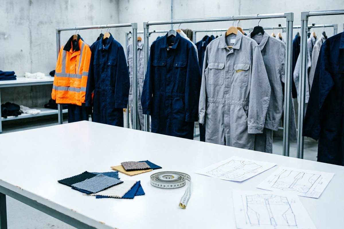 Workwear sample room with hanging uniform samples, fabric swatches and measurement sheets