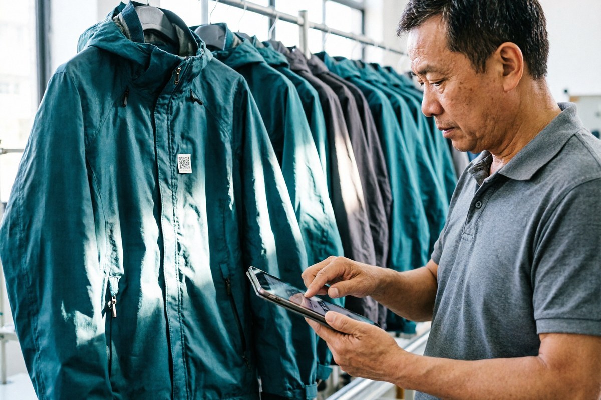Quality inspector scanning a QR-code care label on a waterproof outdoor jacket inside a garment factory