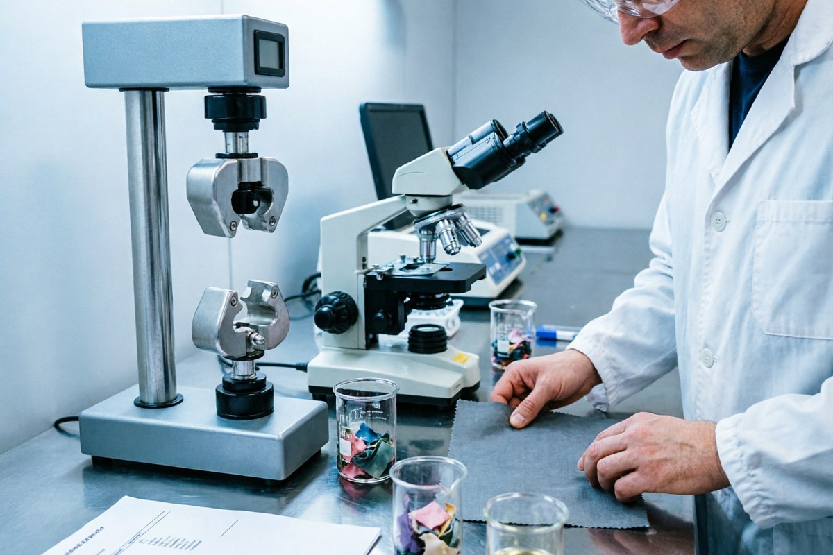 Textile laboratory technician comparing a fabric swatch with a fibre composition test report