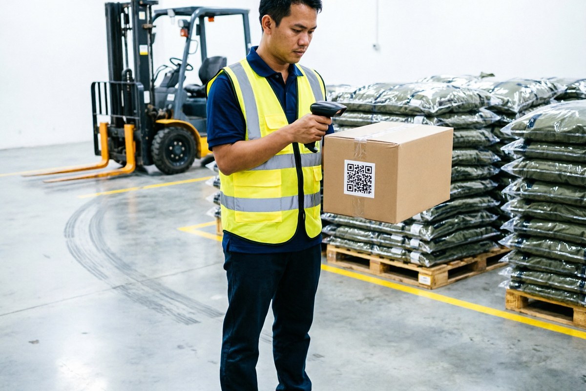 Warehouse worker scanning a QR-coded carton of finished outdoor jackets for digital traceability
