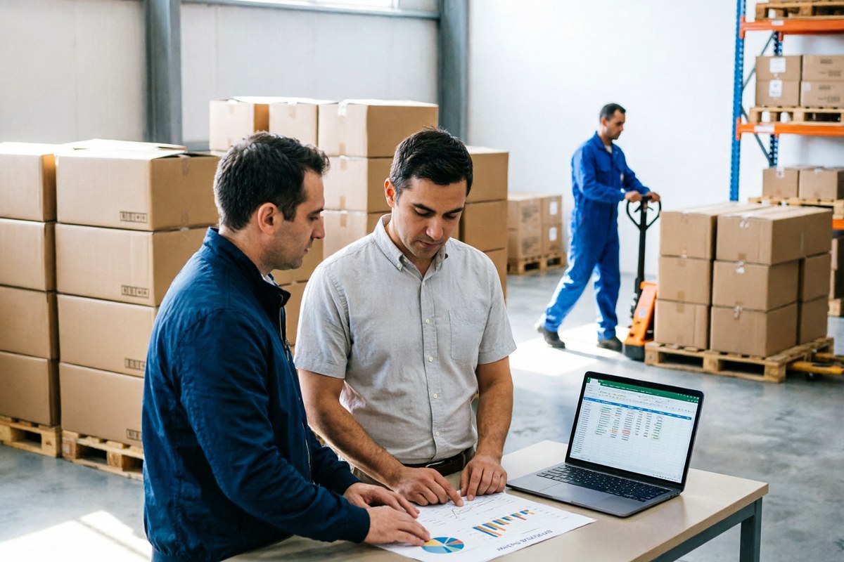 Two sourcing managers reviewing a supply chain plan beside stacked export cartons in a distribution centre