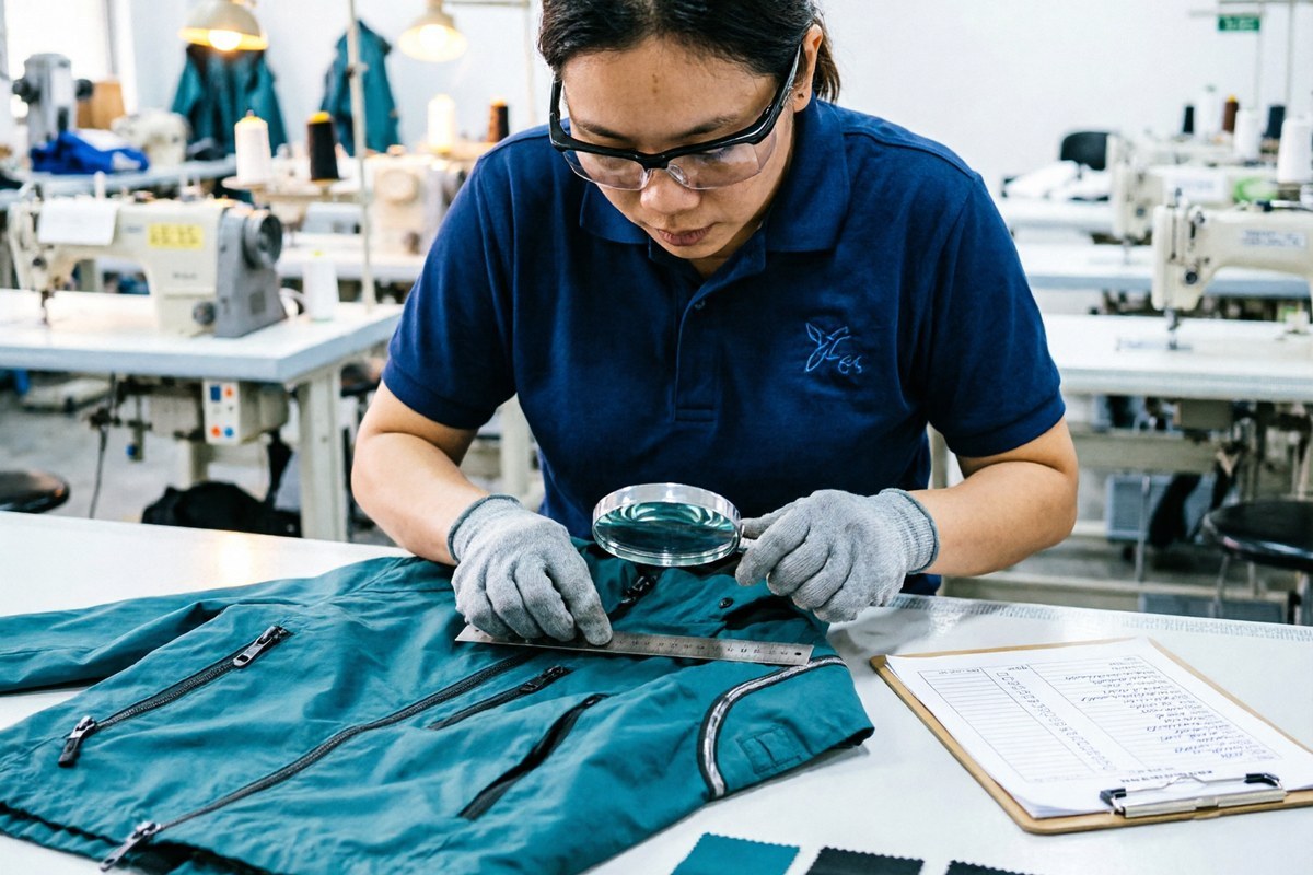 Apparel quality inspector examining seam sealing on a waterproof jacket at a factory inspection table