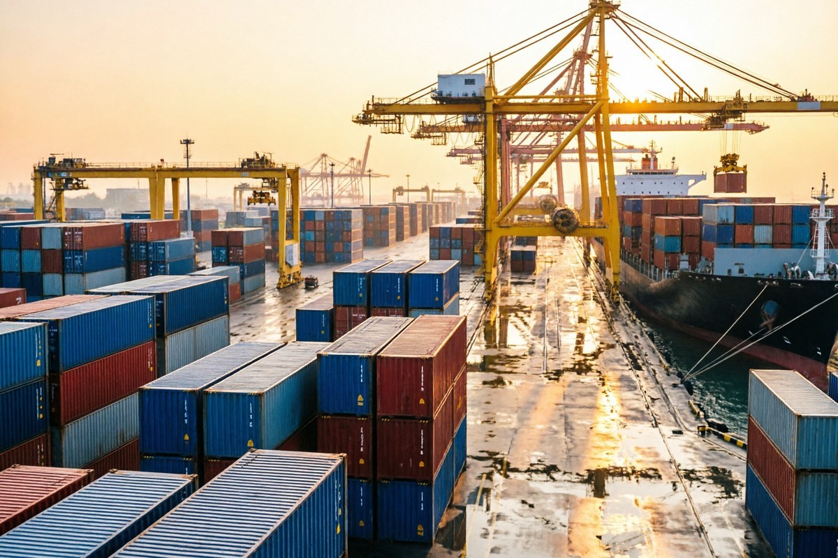 Container terminal with stacked shipping containers being loaded for apparel export