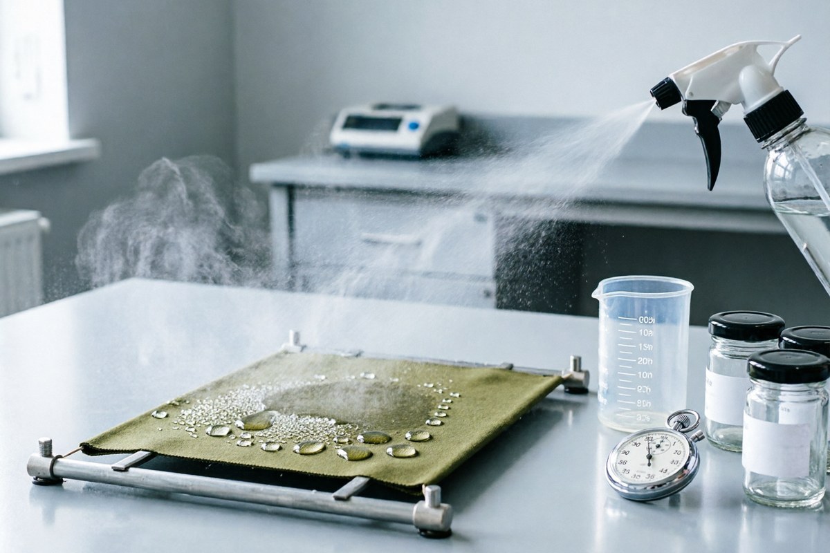 Laboratory water repellency spray test on a fabric swatch mounted on an embroidery hoop