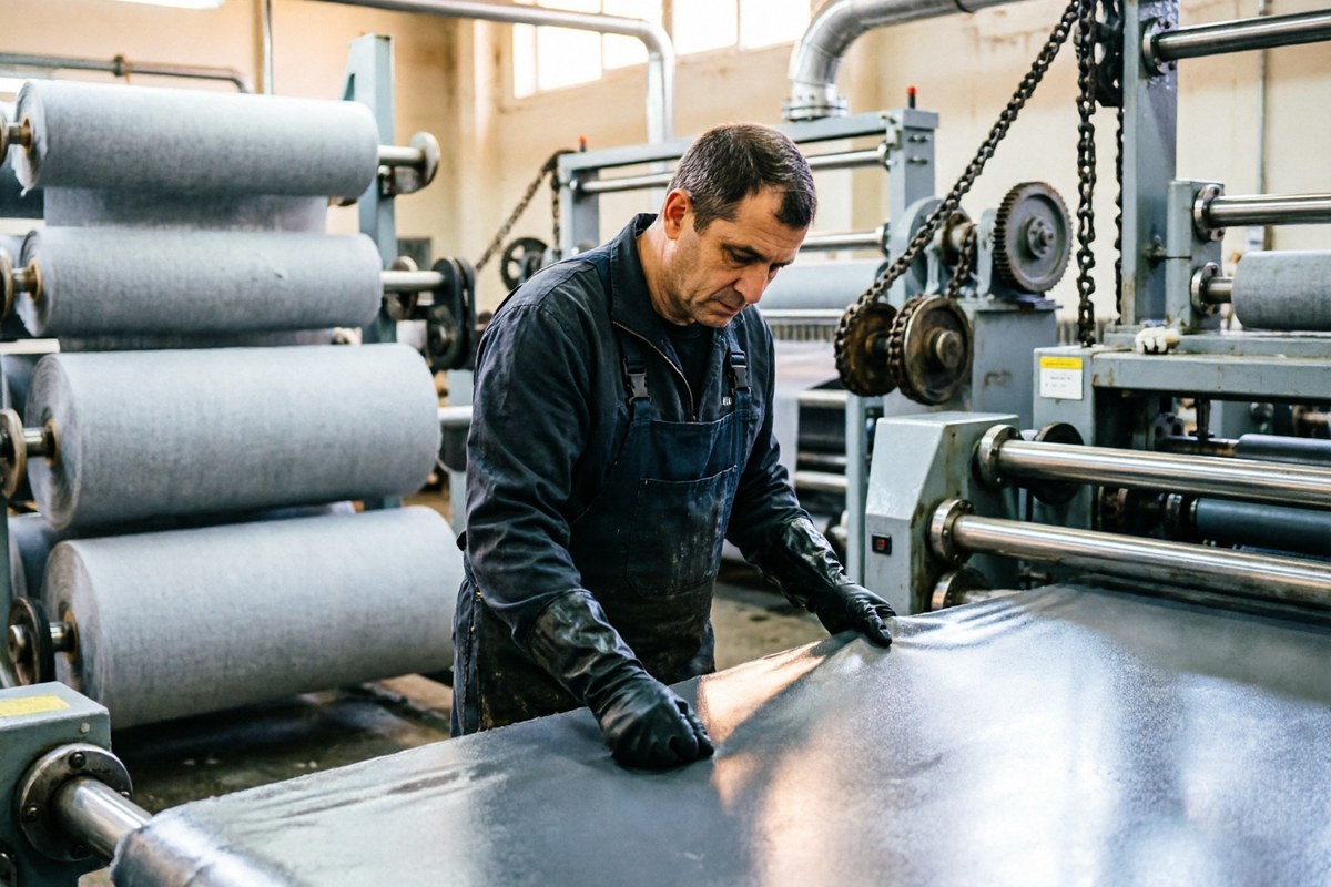 Technician in a textile finishing workshop checking a padded fabric sample after treatment