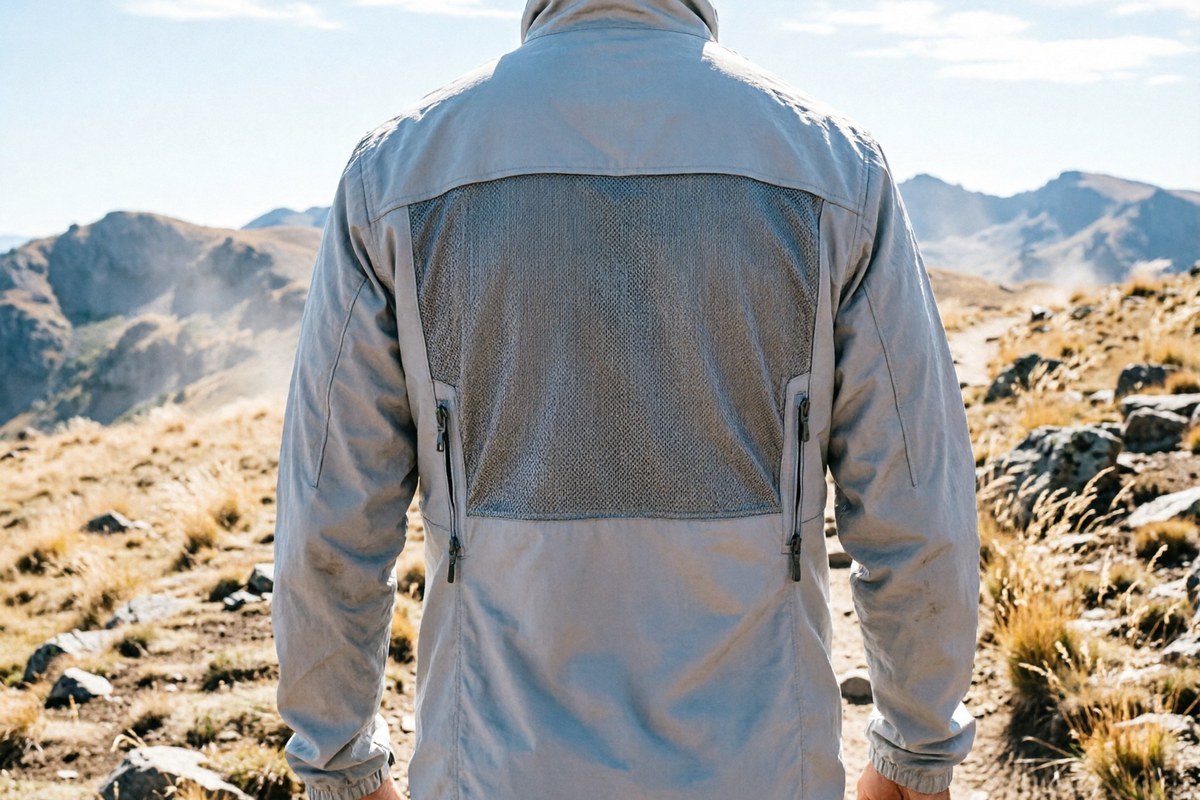 Hiker wearing a lightweight pale grey windproof shell walking on a sunlit mountain trail