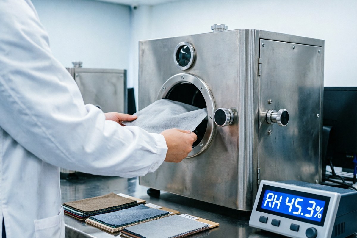 Technician testing moisture vapour transmission through a lightweight fabric sample in a laboratory