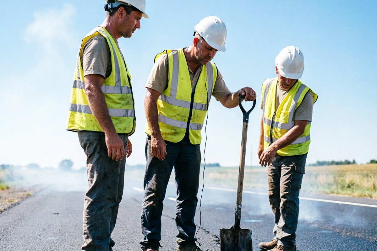 Road maintenance crew in lightweight hi-vis vests working in bright summer sunshine