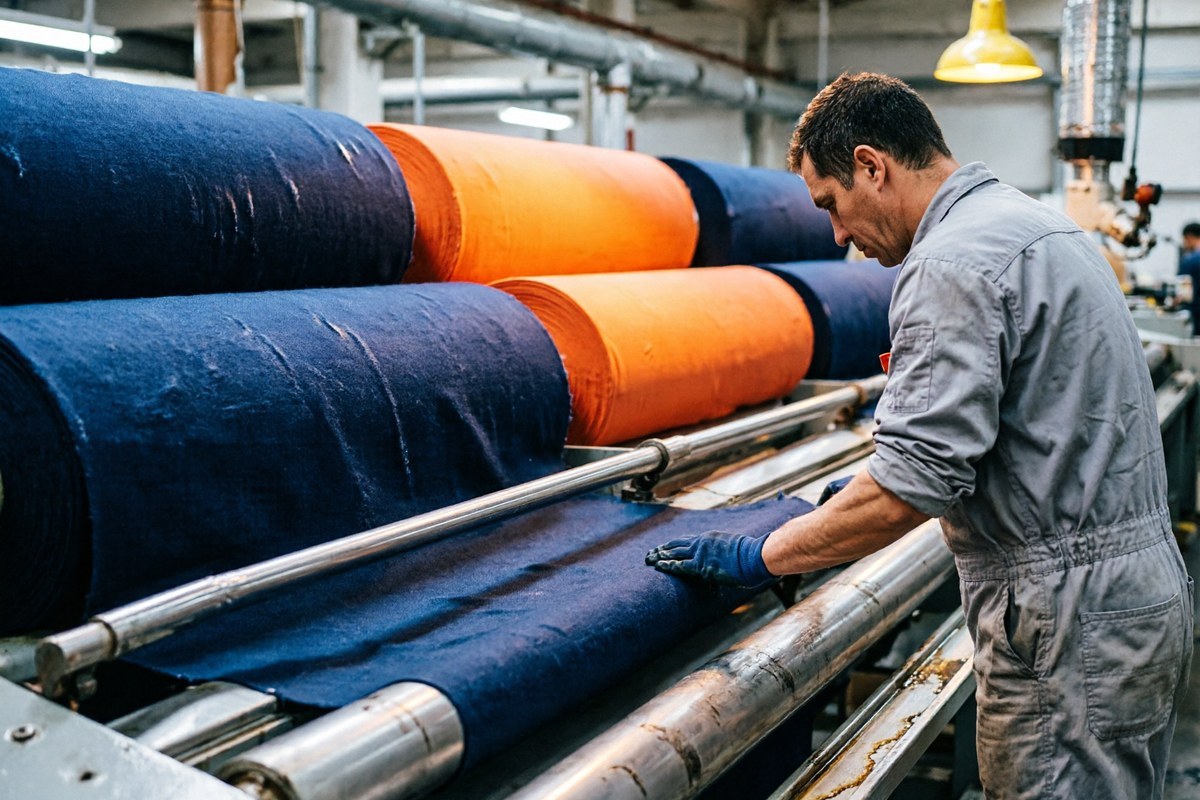 Fabric rolls of flame retardant workwear cloth being inspected on a finishing line