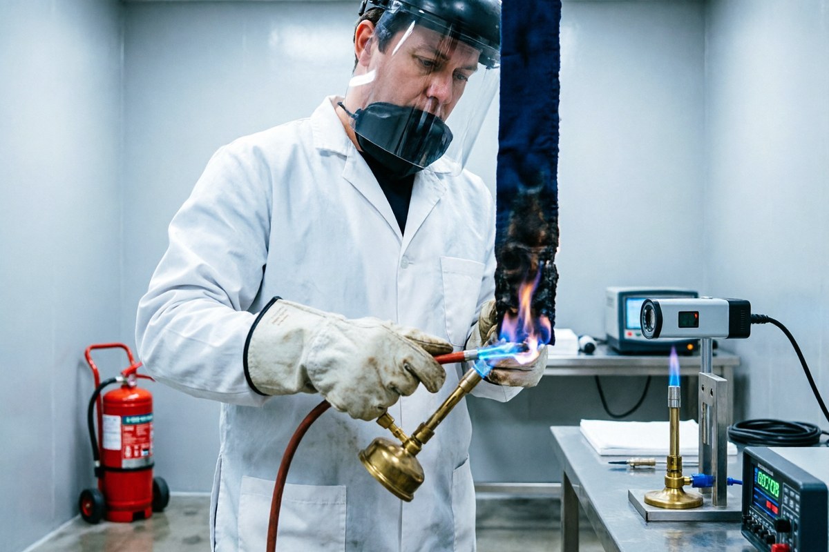 Laboratory flame test on a piece of flame retardant workwear fabric that has self-extinguished