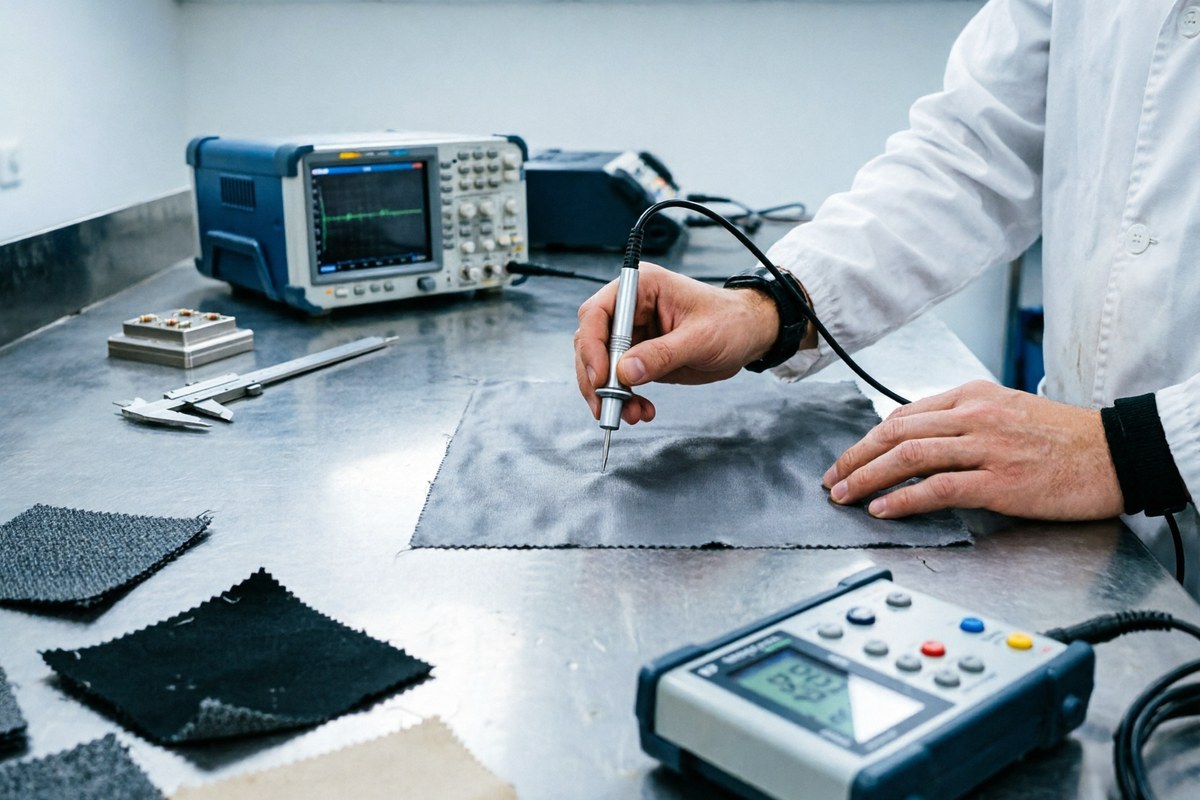 Technician measuring surface resistivity of anti-static workwear fabric with a laboratory meter
