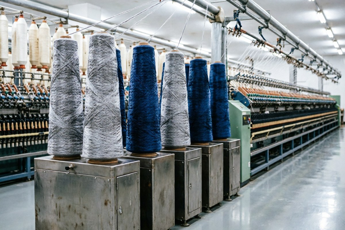Cones of recycled grey yarn on a spinning frame in a textile mill