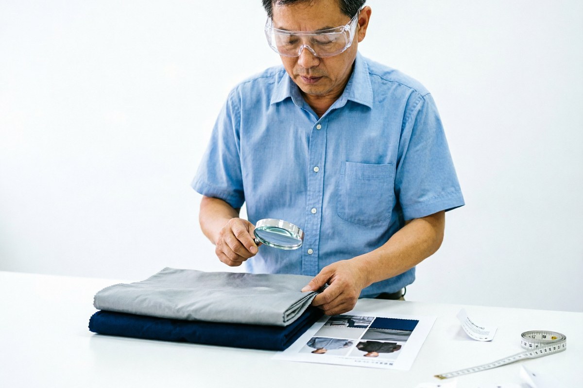 Fabric technologist checking a recycled fibre composition sheet beside folded workwear fabric samples