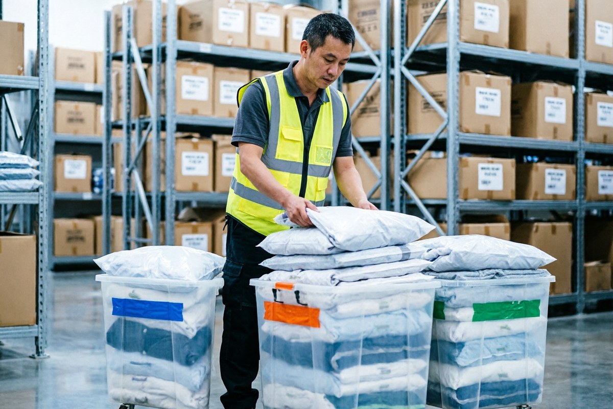 Warehouse worker sorting packaged apparel in a returns and overstock handling area