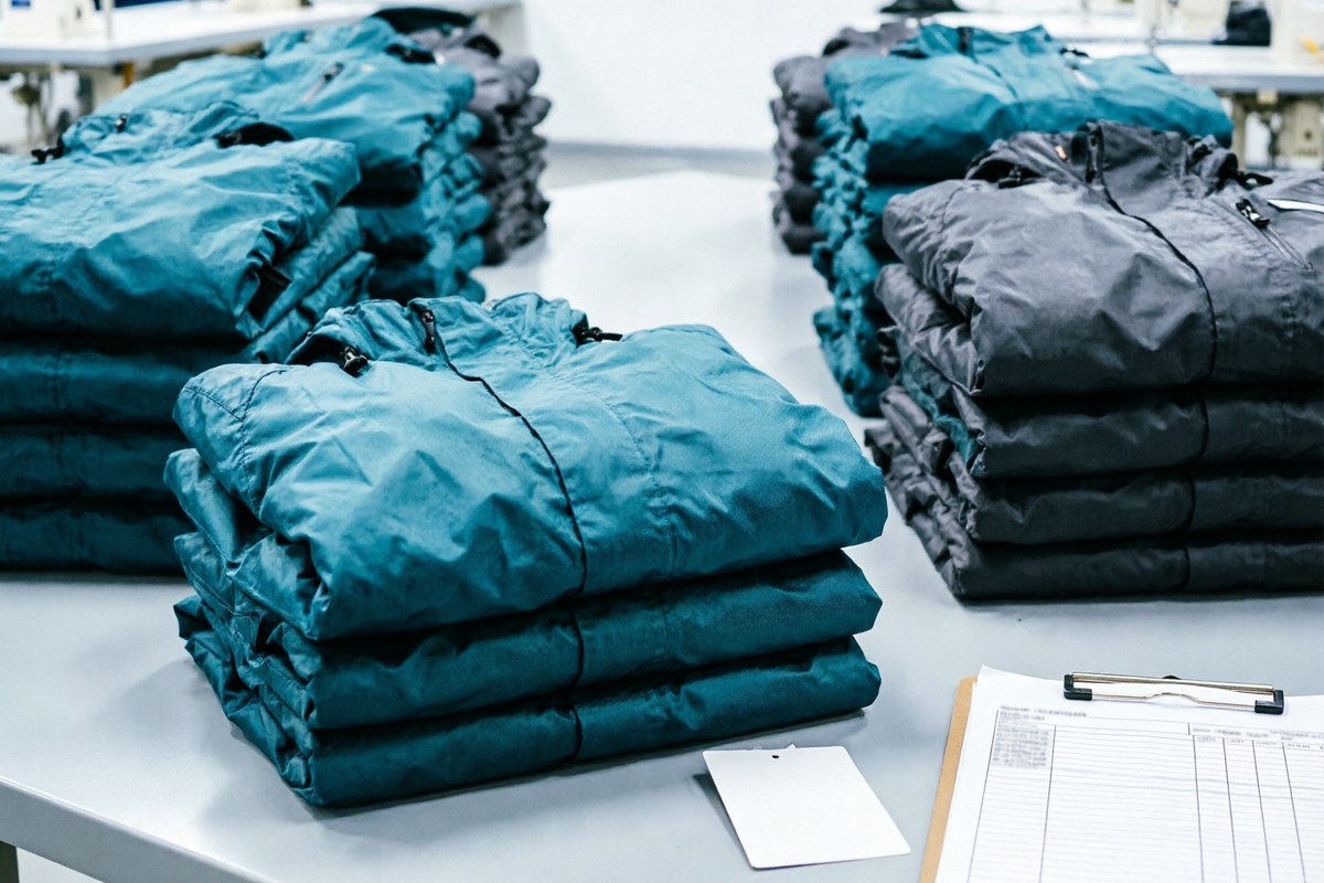 Folded outdoor jackets stacked and labelled for a staged delivery schedule