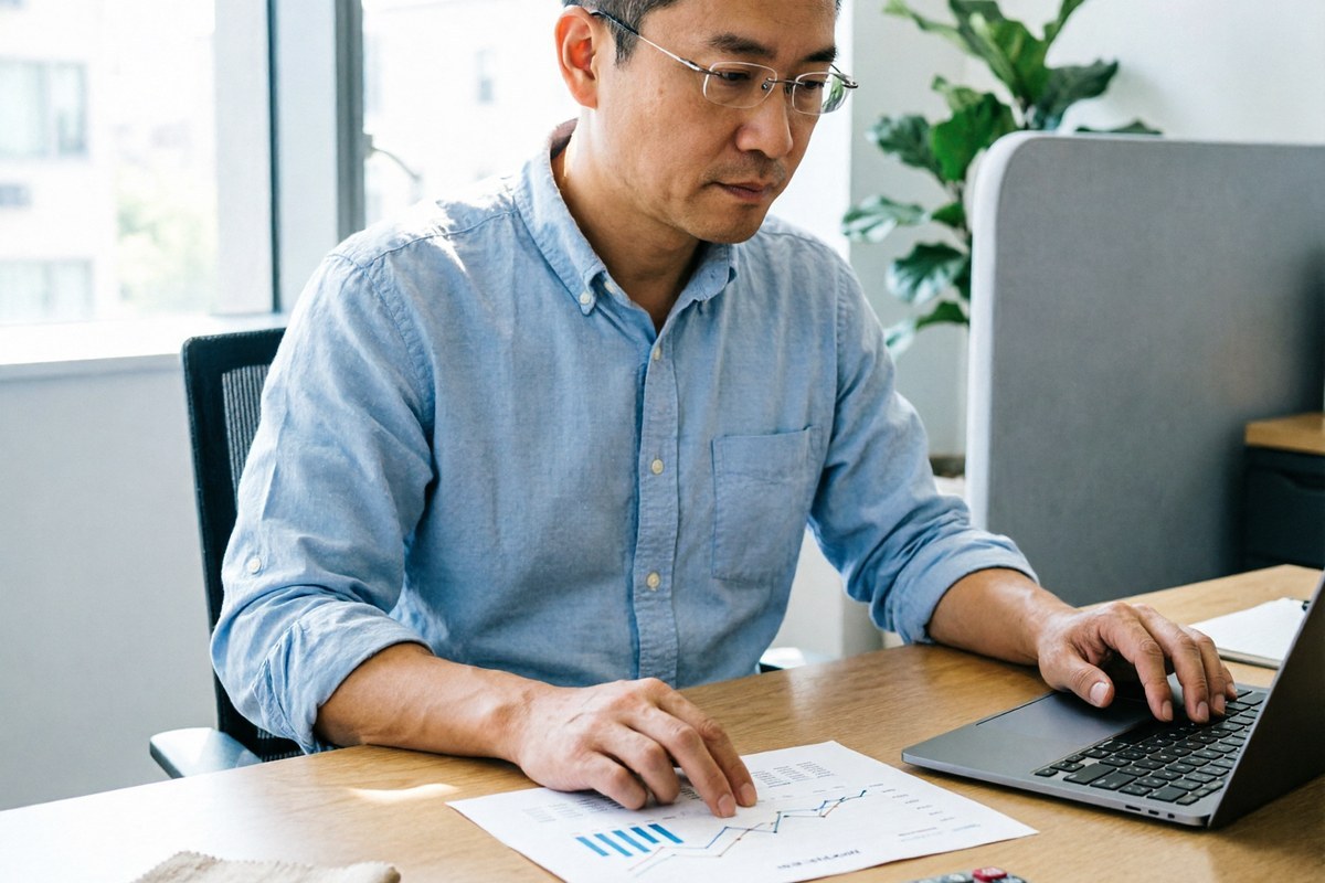 Sourcing manager comparing an order forecast sheet with inventory figures on a screen