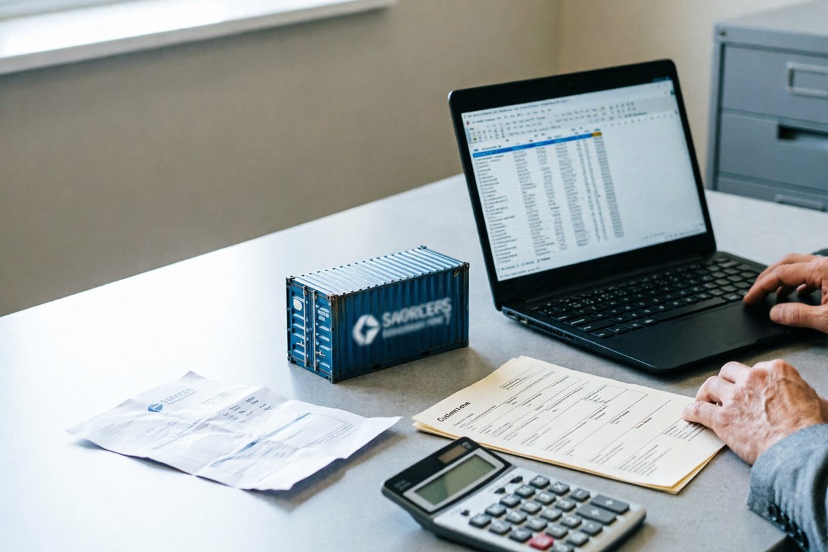 Analyst building a landed cost model on a laptop with shipping and duty documents on the desk