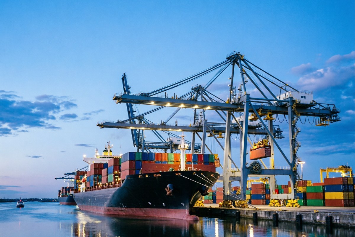 Container ship being loaded at a port terminal at dusk