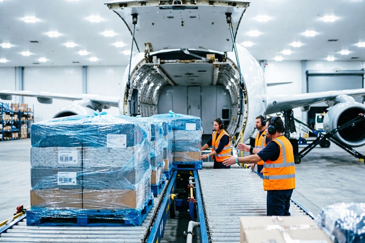 Air freight pallets of packaged apparel being loaded for expedited shipment