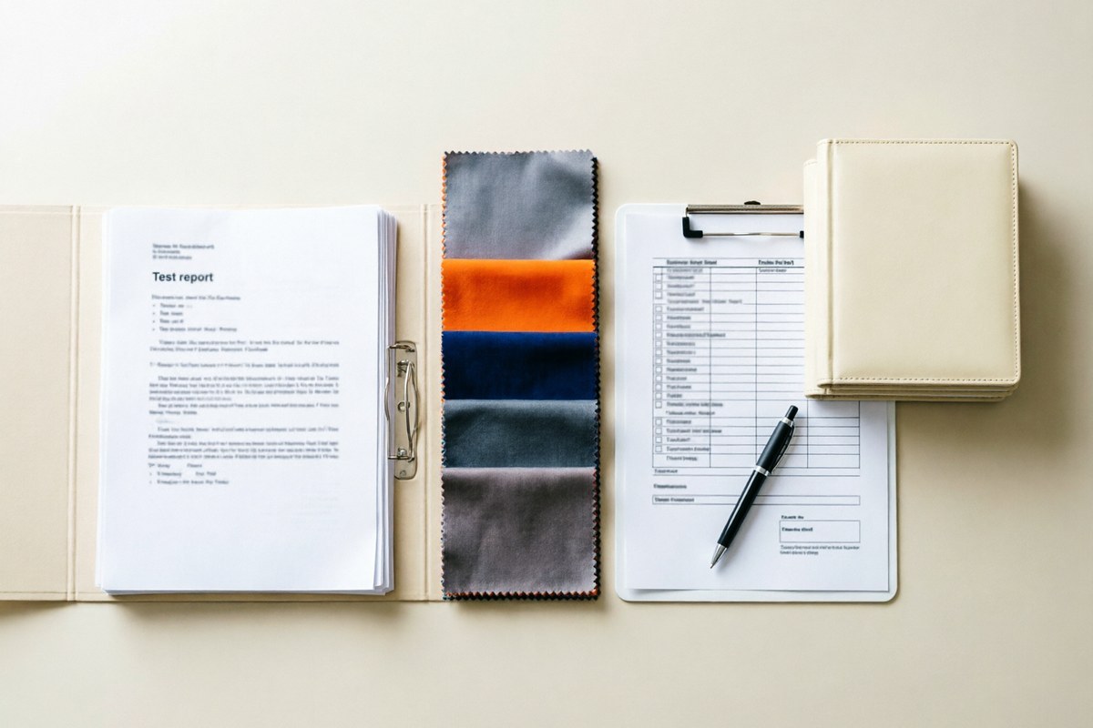 Compliance folder with printed test reports and fabric swatches laid out on a desk