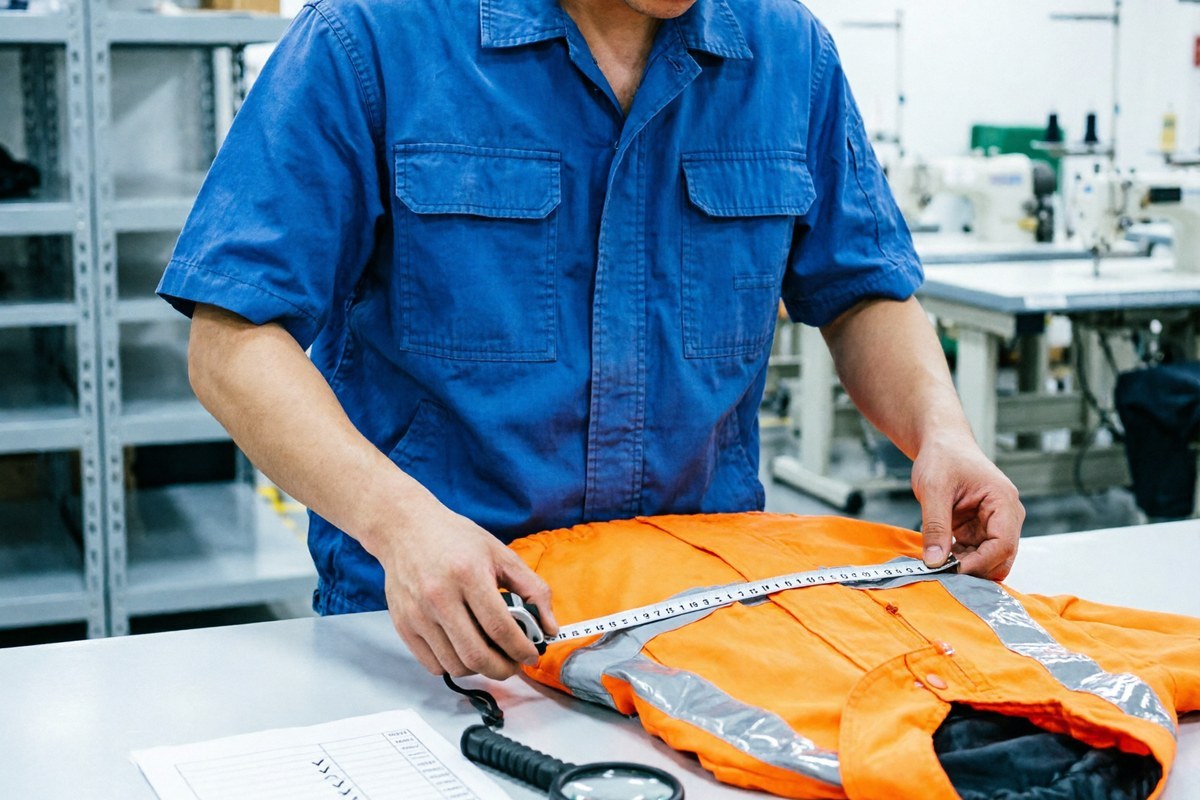 Quality inspector checking reflective tape placement on a hi-vis work jacket against a checklist